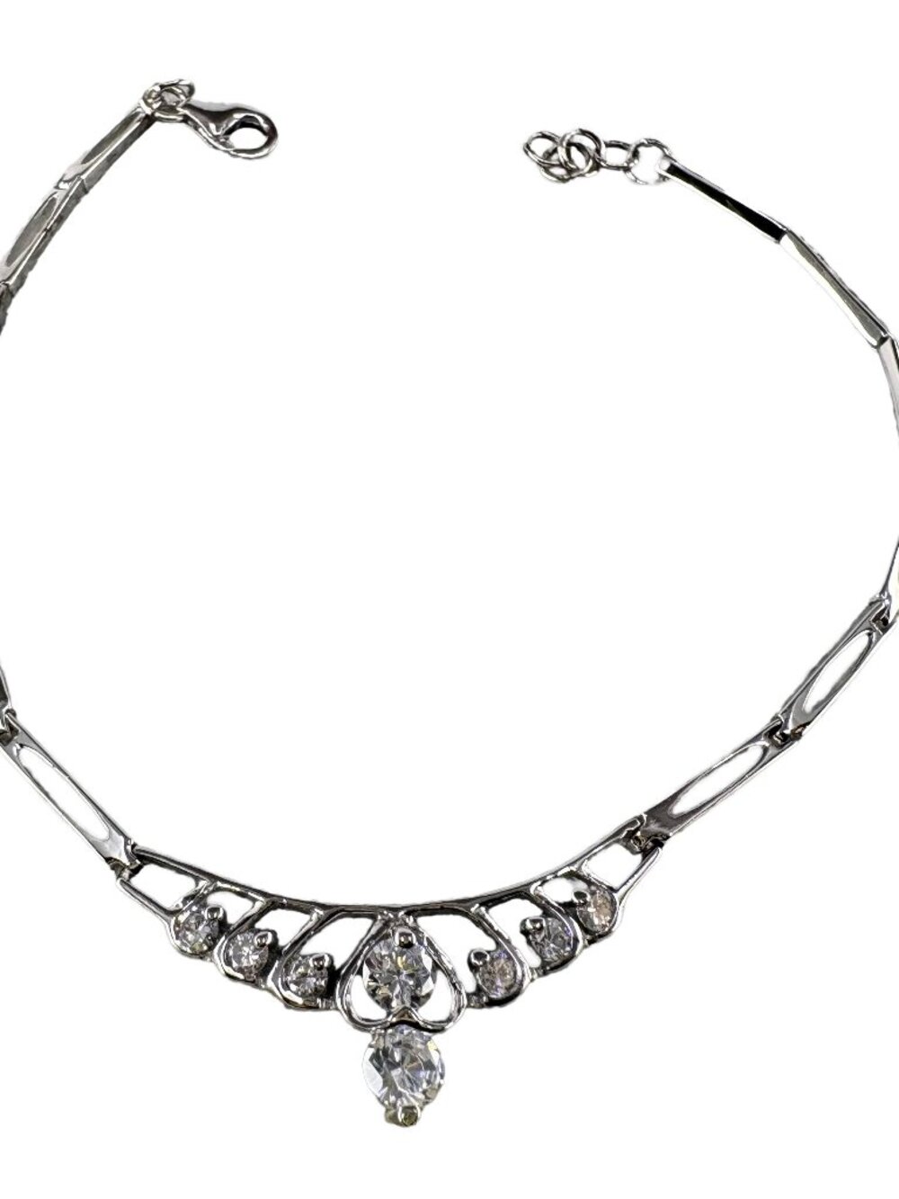 Solid 925 Sterling Silver Tiara Crown CZ Station Bracelet 4.01g 6.7"-7.1" Bridal